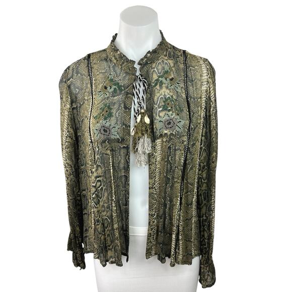 ZARA Green Python Snake Animal Print Open Front Tassel 3/4 Sleeve Blouse Top S - Picture 1 of 4
